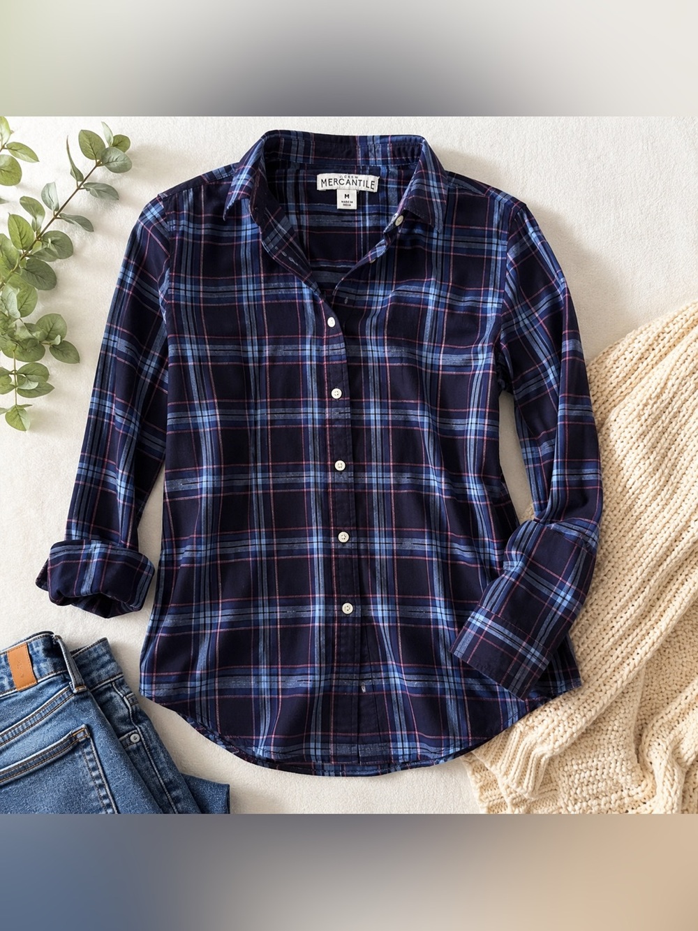 J. Crew Mercantile Plaid Button Front Shirt Navy Blue Pink Plaid Long Sleeve SZM